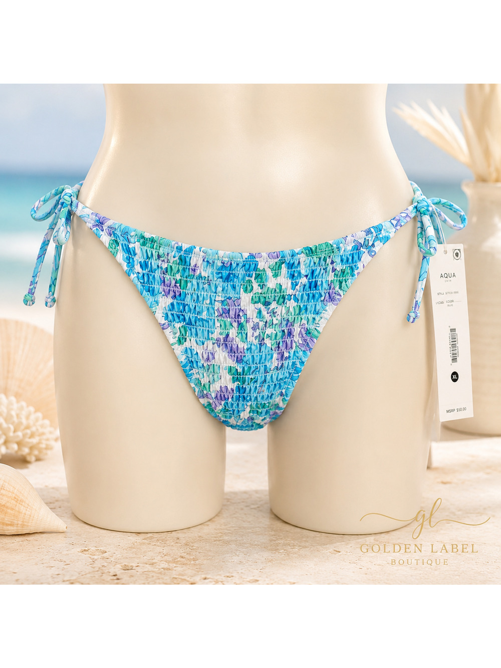 AQUA Tropical Floral Bikini Bottom Women’s XL Blue Smocked Side Tie NWT